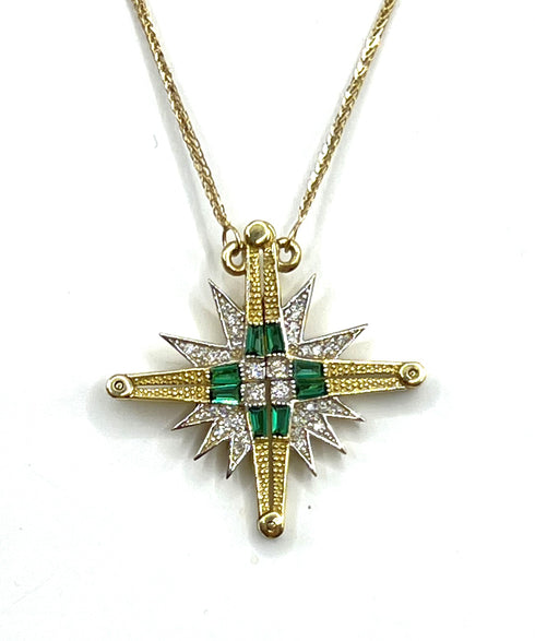14K Gold Diamond & Emerald Star Of Bethlehem Opening Magnetic Necklace